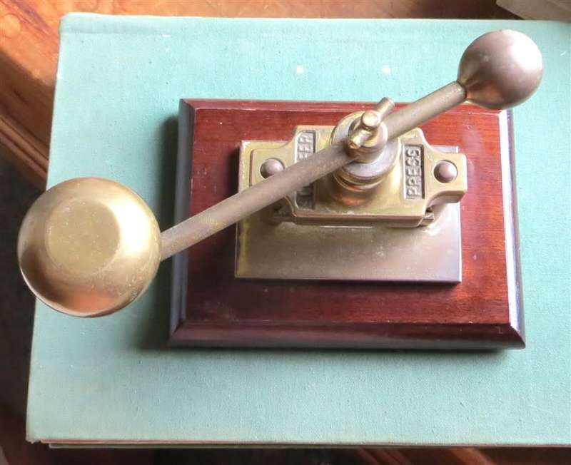 Vintage Heavy Solid Brass Schaefer Nut Cracker Press on Wooden Base
