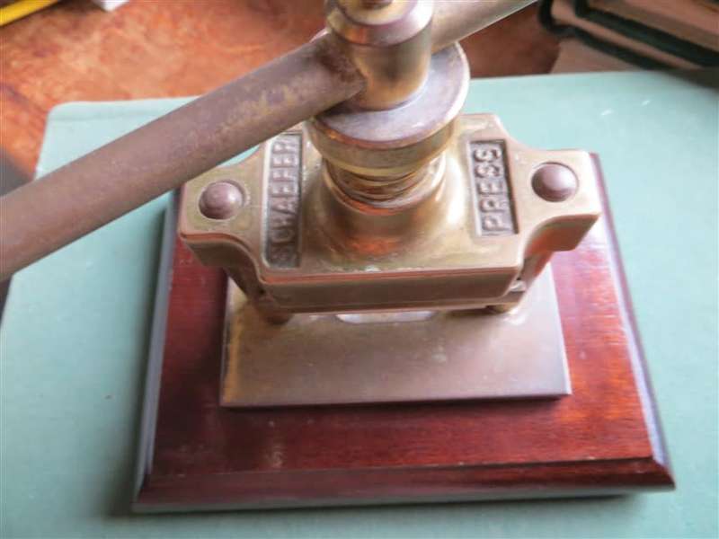 Vintage Heavy Solid Brass Schaefer Nut Cracker Press on Wooden Base