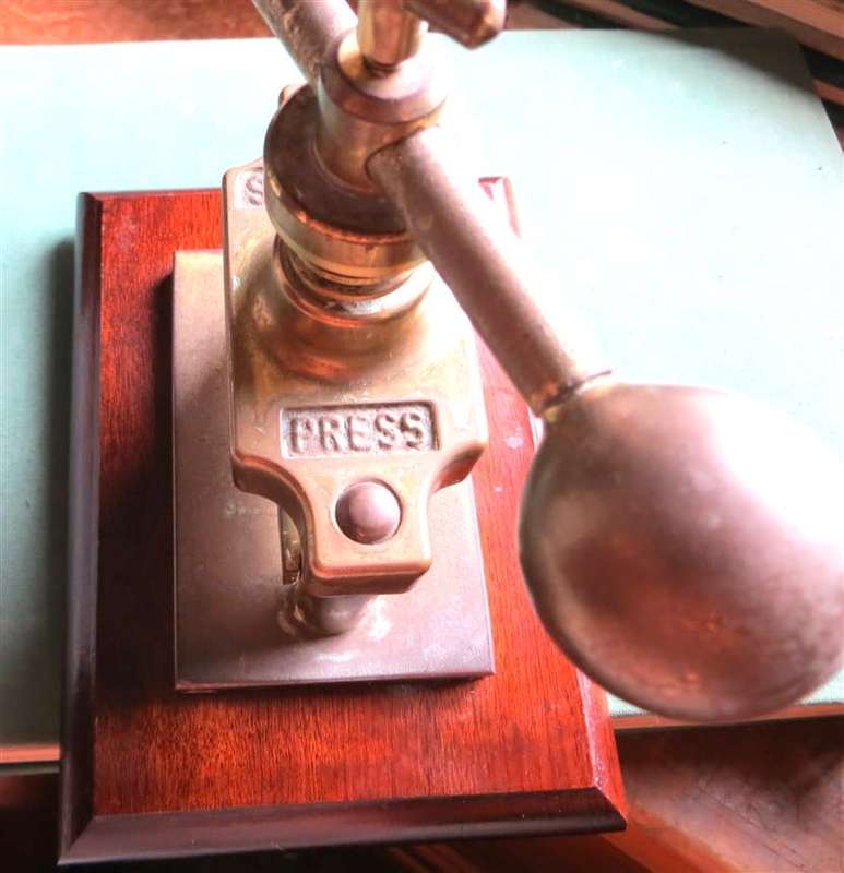 Vintage Heavy Solid Brass Schaefer Nut Cracker Press on Wooden Base