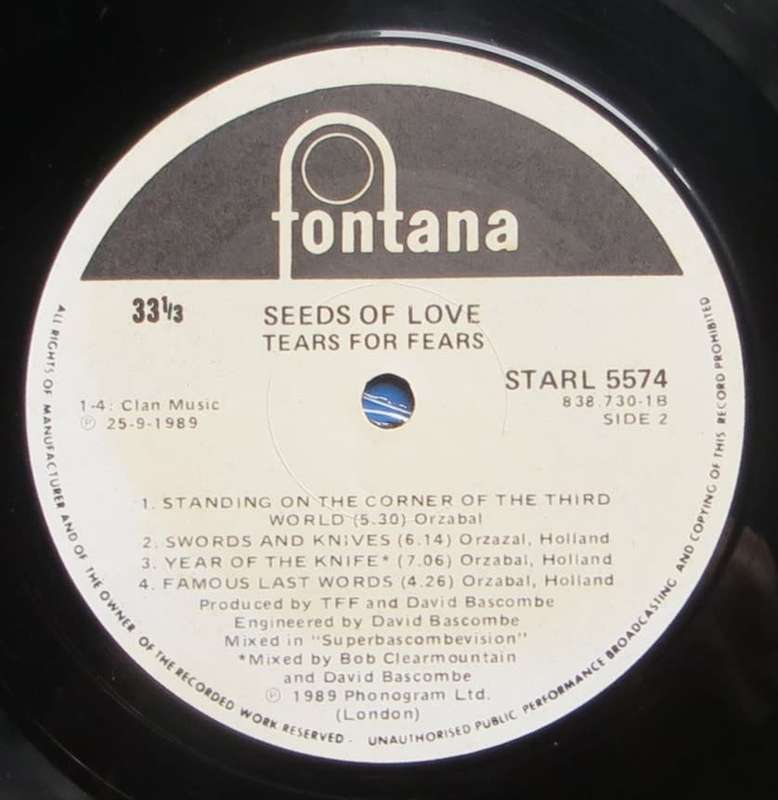 Vintage Vinyl LP - Tears for Fears - Seeds of Love VG/VG