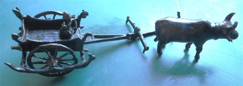 Vintage Asian Metal Farmer on Wagon and Ox