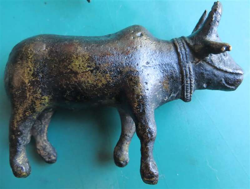 Vintage Asian Metal Farmer on Wagon and Ox