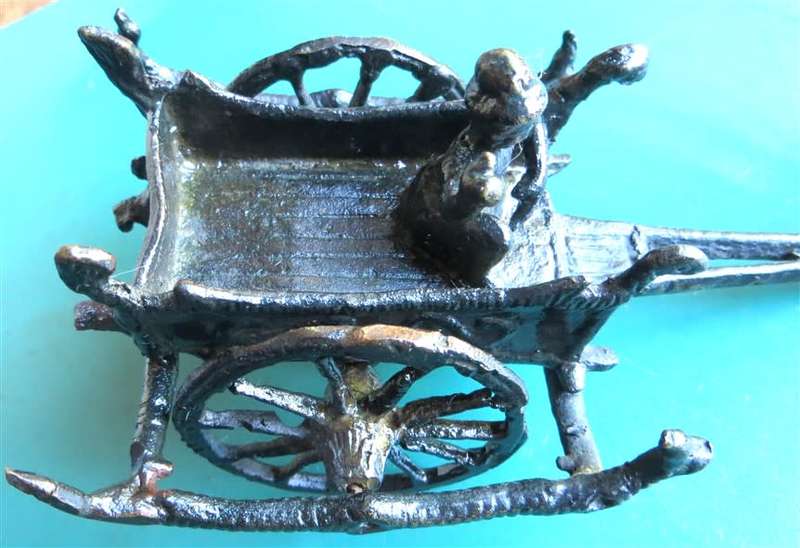 Vintage Asian Metal Farmer on Wagon and Ox