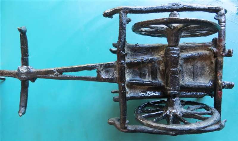 Vintage Asian Metal Farmer on Wagon and Ox