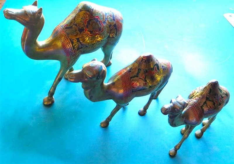 3 x Ornate Brass Enamelled/Painted Camels - 1 Bid for the Set