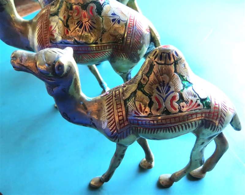 3 x Ornate Brass Enamelled/Painted Camels - 1 Bid for the Set
