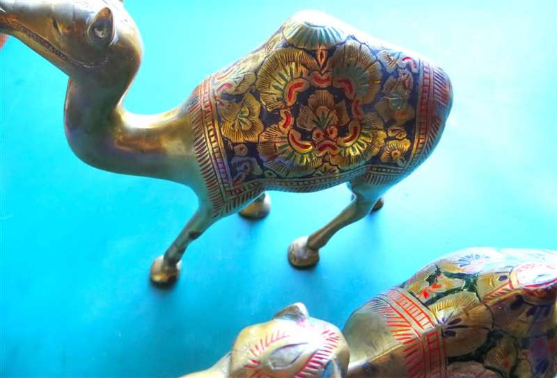 3 x Ornate Brass Enamelled/Painted Camels - 1 Bid for the Set