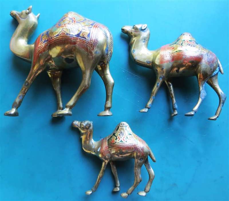 3 x Ornate Brass Enamelled/Painted Camels - 1 Bid for the Set