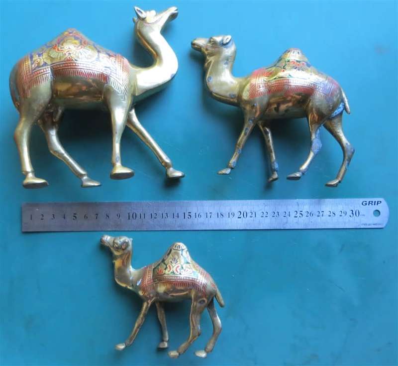 3 x Ornate Brass Enamelled/Painted Camels - 1 Bid for the Set