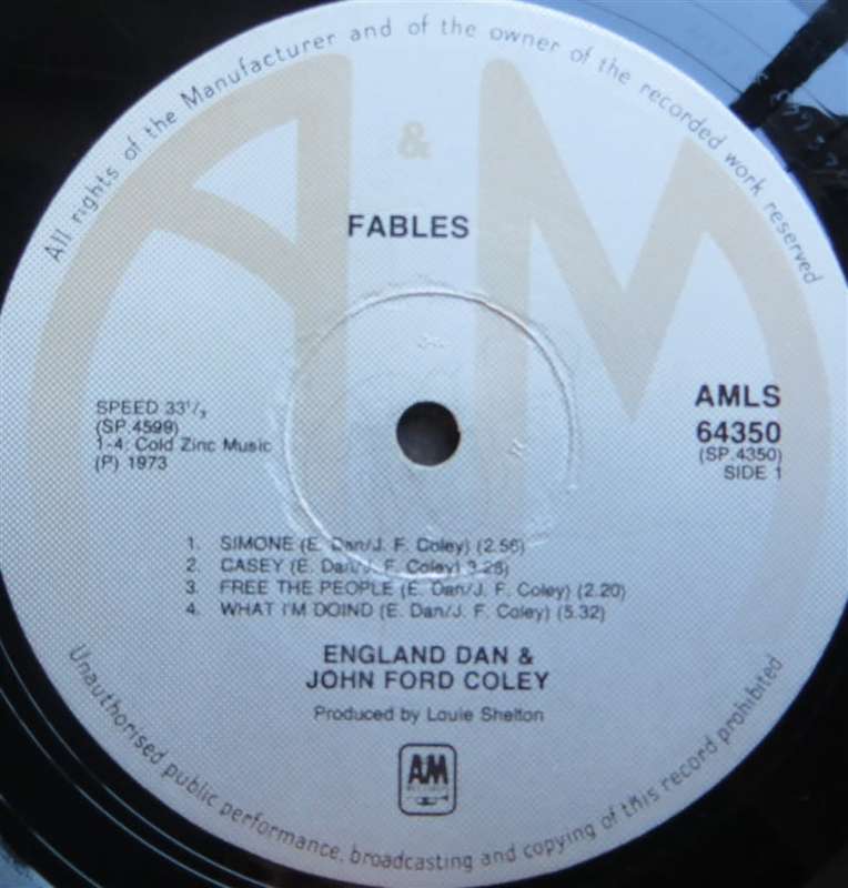 Vintage Vinyl LP - Fables - Dan & Coley - Cover VG / Vinyl VG