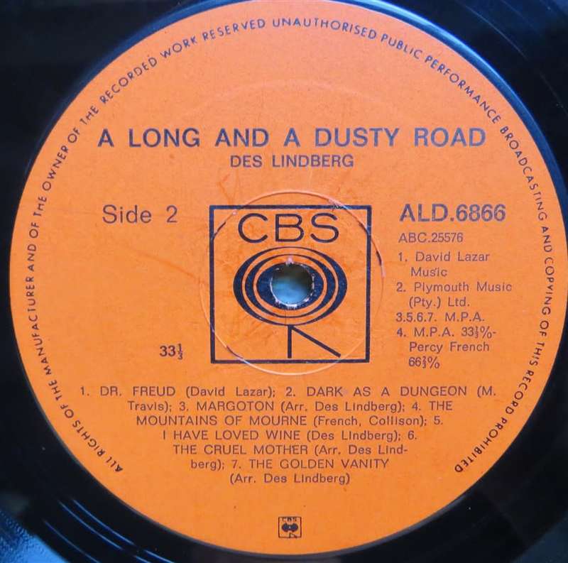Vintage Vinyl LP - Des Lindberg - A Long & Dusty Road - Cover VG / Vinyl VG+