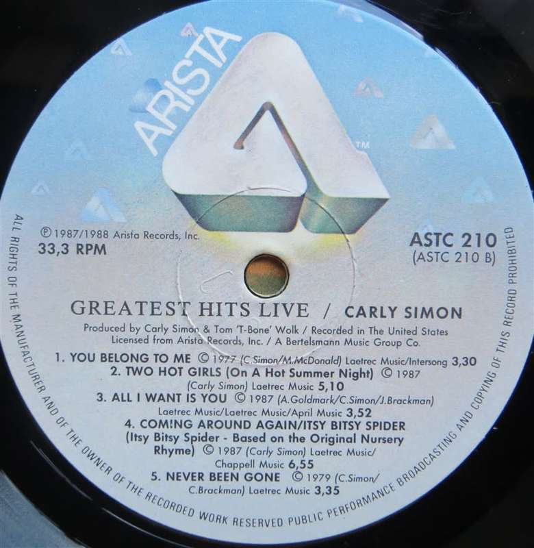 Vintage Vinyl LP - Carley Simon - Greatest Hits Live - Cover VG+/ Vinyl VG+