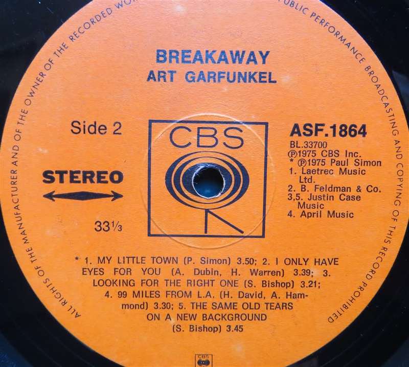 Vintage Vinyl LP - Art Garfunkel - Breakaway Cover VG / Vinyl VG