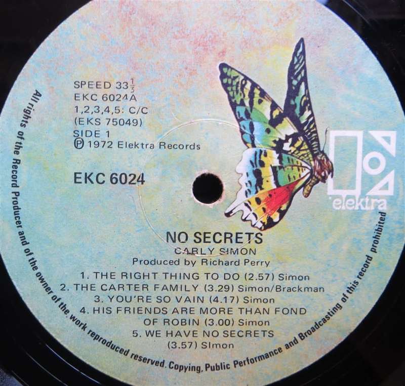Vintage Vinyl LP - Carly Simon - No Secrets - G / Vinyl VG
