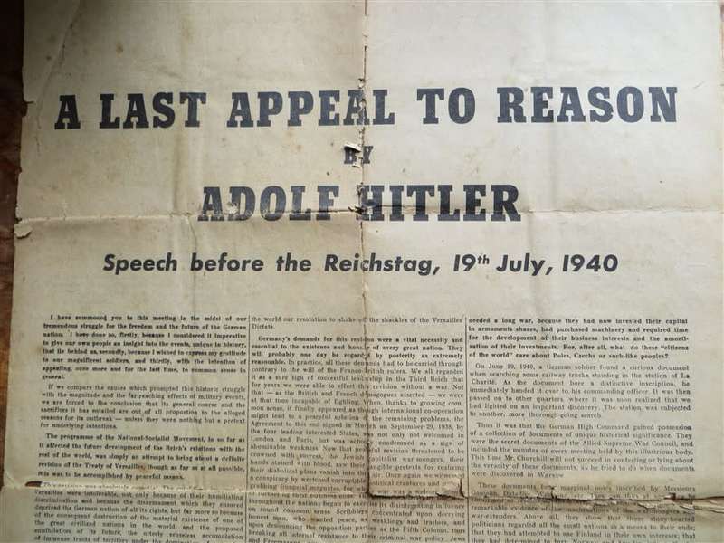 WW2 Original Germany Propaganda Plane Drop - Hitler`s Last Appeal to Reason - Rare Item