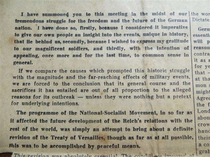 WW2 Original Germany Propaganda Plane Drop - Hitler`s Last Appeal to Reason - Rare Item