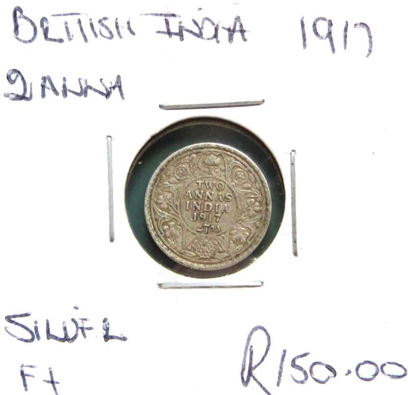 1917 British India 2 Annas SILVER