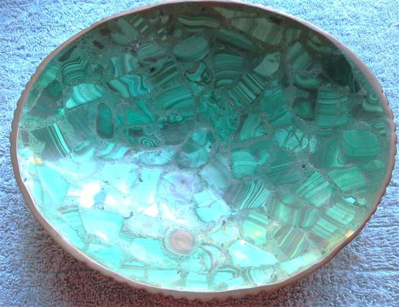 Vintage Malachite Bowl with Brass Trim - 200mm x 170mm
