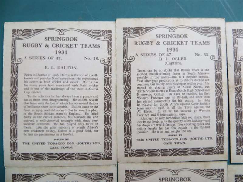 10 x 1931 SA Springbok Rugby & Cricket Cigarette Cards - Scarce