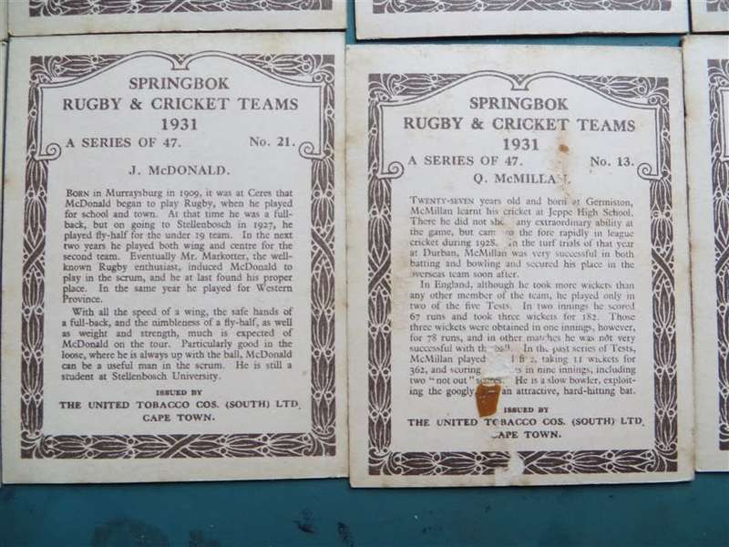 10 x 1931 SA Springbok Rugby & Cricket Cigarette Cards - Scarce