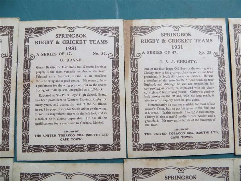 10 x 1931 SA Springbok Rugby & Cricket Cigarette Cards - Scarce