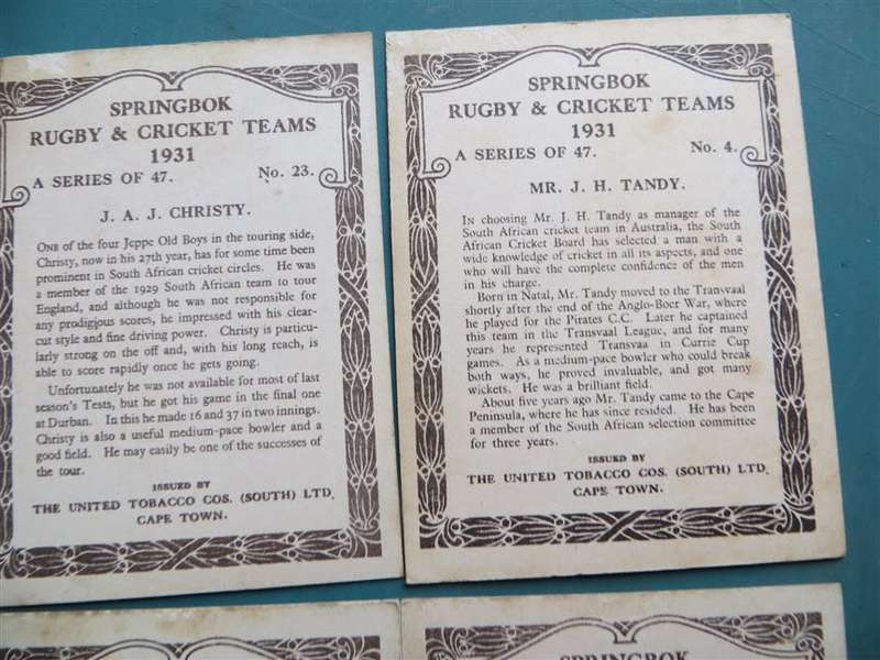 10 x 1931 SA Springbok Rugby & Cricket Cigarette Cards - Scarce