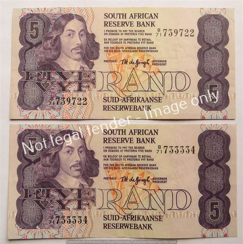 2 x TW De Jongh R5 Notes B71 Prefix
