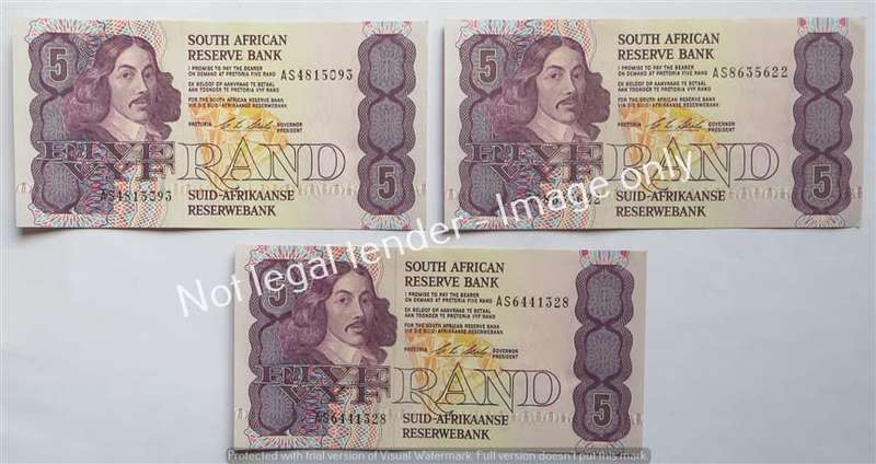3 x CL Stals R5 Notes AS Prefix - 1 Bid for All