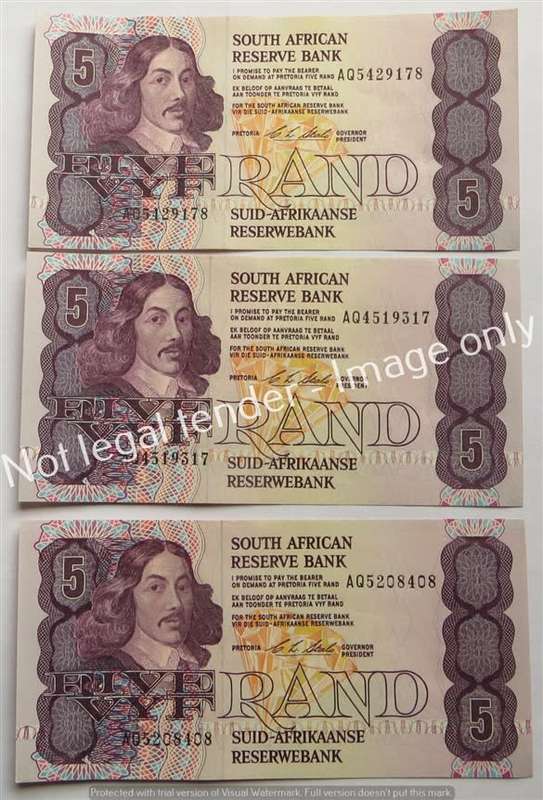 3 x CL Stals R5 Notes AQ Prefix - 1 Bid for All