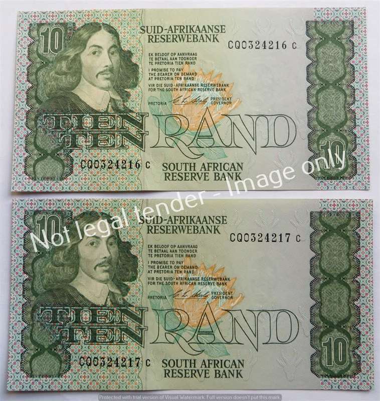 2 x Consecutive Number Stals 1st Issue R10 Notes - 1 Bid for All