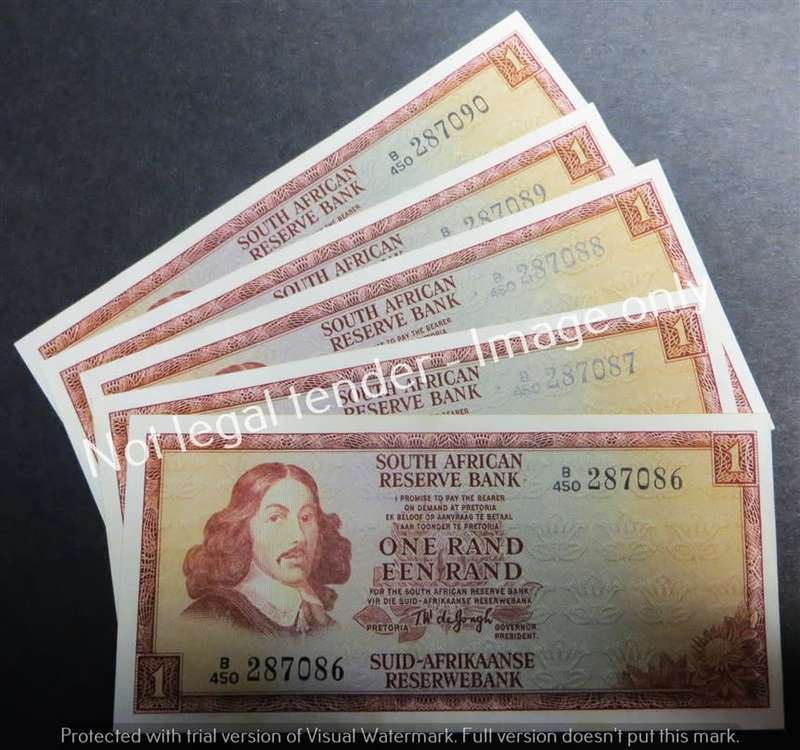 5 x TW de Jongh Consecutive No. B450 3rd issue R1 Notes - 1 Bid