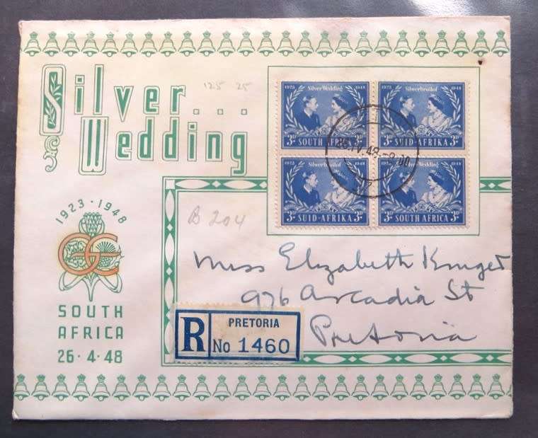 1948 South Africa Union Silver wedding FDC with Block of 4