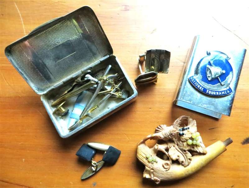 Vintage Assortment - Pins/Cuff links/Metal Box/Matchbox cover+