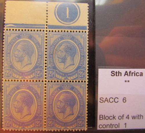 UNION 2 1/2d Control Block hinged on margin Mint Value = R325.00