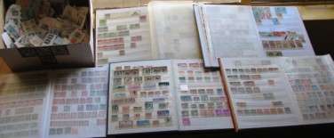 COLLECTION with 5 x ALBUMS + BOX OF STAMPS ON PAPER - HUGE LOT @ R1!
