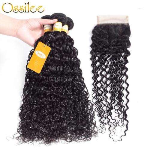 Grade 10A Brazilian Hair Black Water Wave 3 Bundles and ClosureHuman Hair (8inch) upgradeable