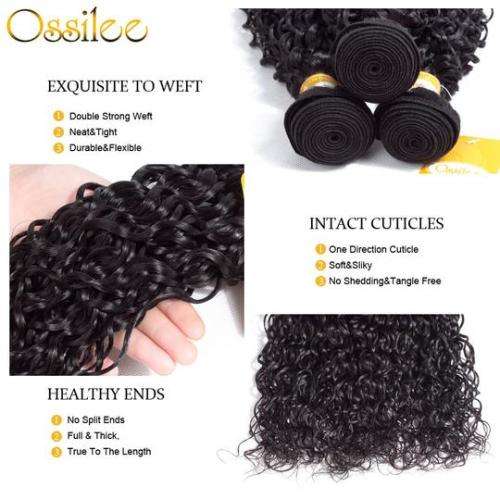Grade 10A Brazilian Hair Black Water Wave 3 Bundles and ClosureHuman Hair (8inch) upgradeable