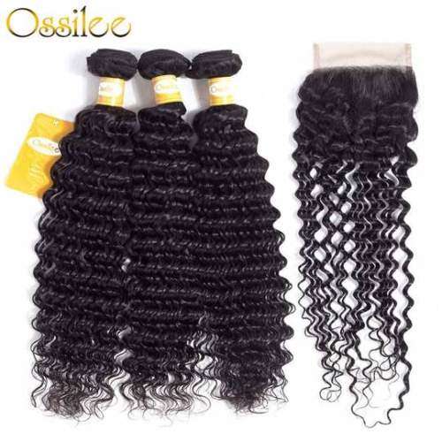 Grade 10A Brazilian Hair Black Deep Wave 3 Bundles and closureHuman Hair (8inch) upgradeable