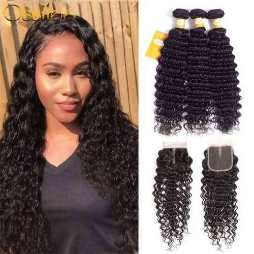 Grade 10A Brazilian Hair Black Deep Wave 3 Bundles and closureHuman Hair (8inch) upgradeable
