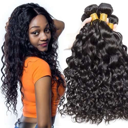 Grade 10A Brazilian Hair Black Water Wave 3 Bundles and ClosureHuman Hair (8inch) upgradeable
