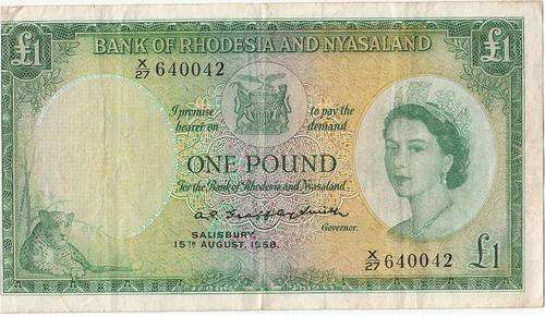 1958 Bank of Rhodesia and Nyasaland one pound note.