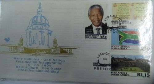 1994 NELSON MANDELA INAUGURATION PROOF COIN ON FDC 6.3C + 6.3b