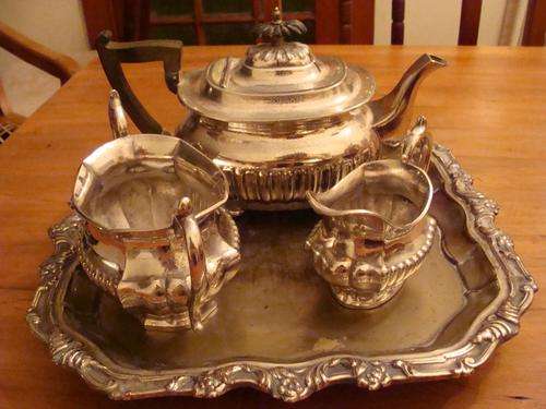 Shefield Tea Pot - 3 Stripe Sugar Bowl - "Silver Plated Without Markings Milk Jug & Tray"