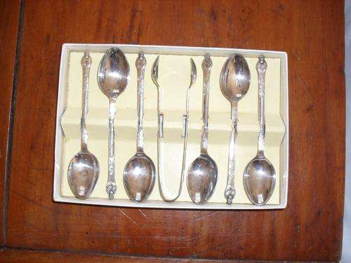 Beautiful 7 Piece Apostile Teaspoons. With Matching Sugar Tongs.