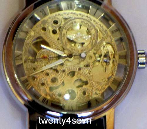 BRAND NEW MEN'S  SKELETON WATCH WITH BLACK LEATHER STRAP