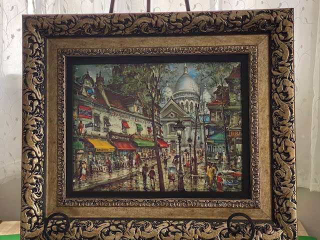 FRENCH  PAINTING OF THE STREET CAFES BEHIND SACRE-COEU /ANTIQUE FRAME