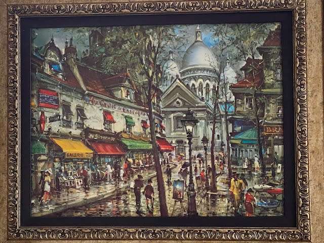 FRENCH  PAINTING OF THE STREET CAFES BEHIND SACRE-COEU /ANTIQUE FRAME