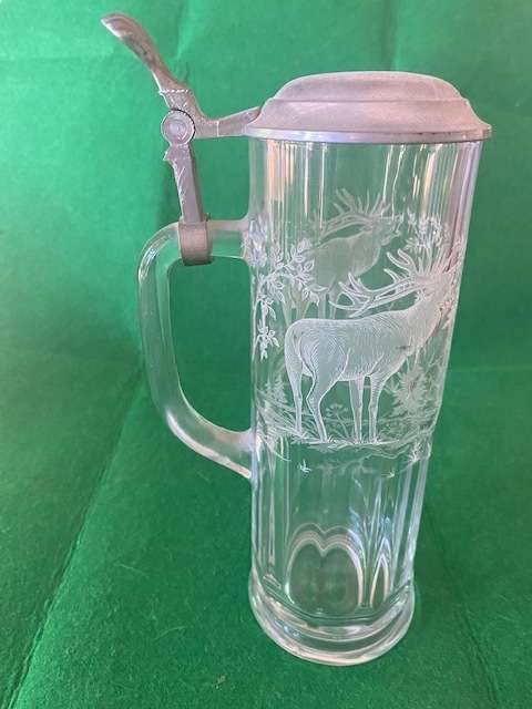 VINTAGE CLEAR EDGED GLASS BEER STEIN ELK SCENE