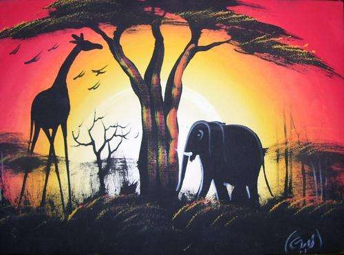 AFRICAN PAINTING - Acrylic Hand Painted Art Giraffe and Elephant **READY TO HANG** 39cm x 28.5cm