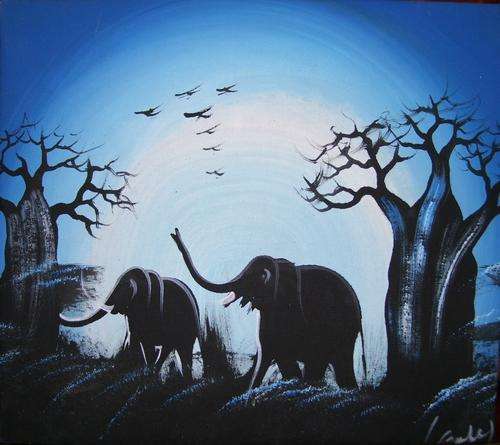 AFRICAN PAINTING - Acrylic Hand Painted Art Elephants **READY TO HANG** 34cm x 30cm